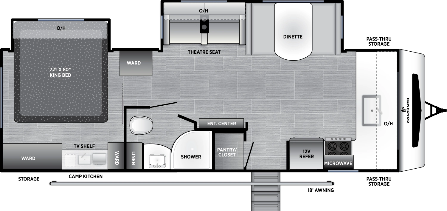 The 259FKBS has two slideouts and one entry. Exterior features front pass-thru storage, rear storage on each side, full camp kitchen with sink, overhead cabinet, and refrigerator, and 18 foot awning. Interior layout front to back: pantry and kitchen counter with sink and overhead cabinet wrap from the front to the door side with microwave, cooktop, and refrigerator; off-door side slideout with dinette, and a hide-a-bed sofa with overhead cabinet (optional theater seat), and wardrobe; door side entry, pantry/closet, entertainment center with fireplace along inner wall, and full bathroom with linen closet; rear off-door side king bed slideout with overhead cabinet, and rear door side wardrobe and TV shelf.